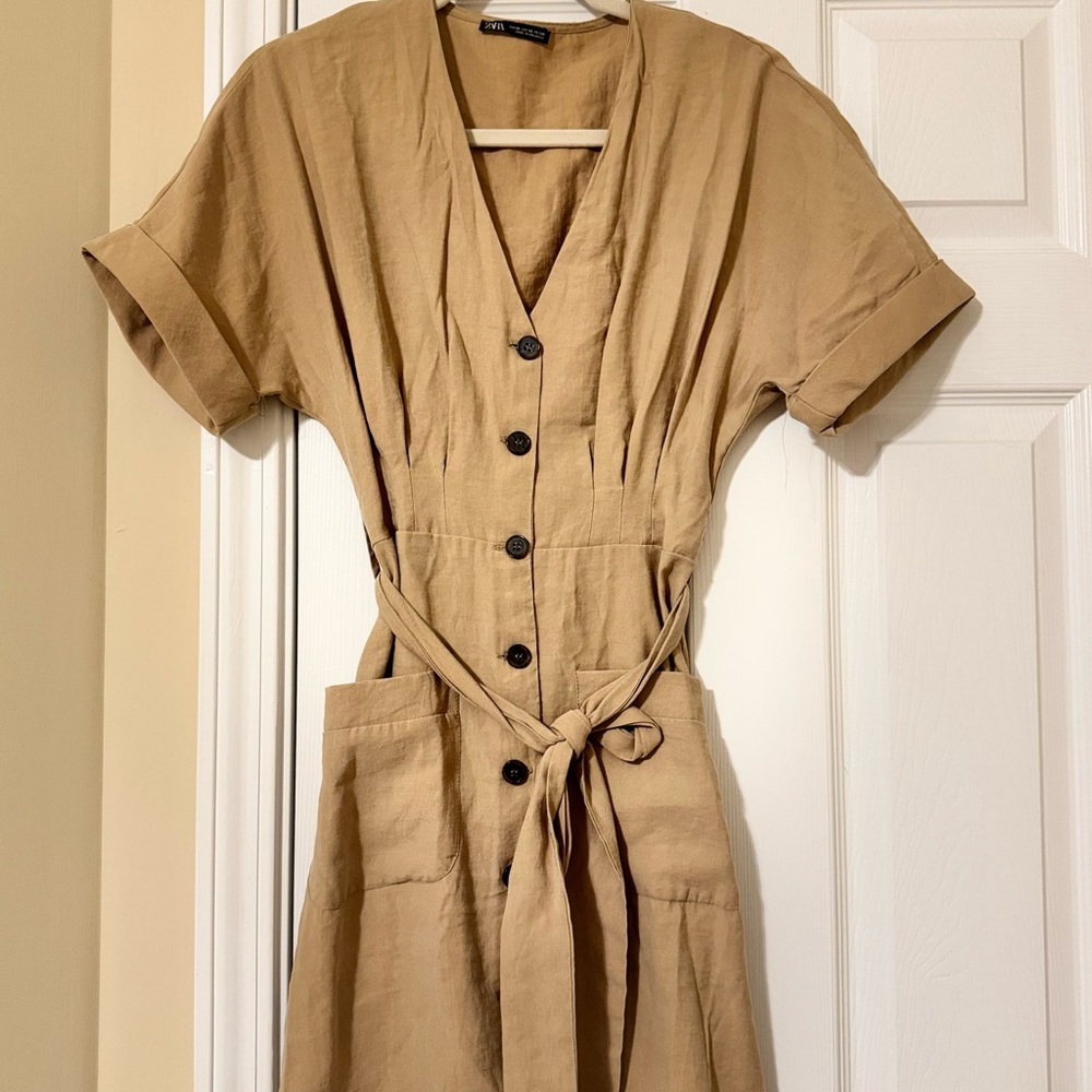 Zara Tan Midi Dress with Button Detail